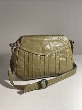 Vintage Enny Italy Olive Green Leather Shoulder Bag Pleated Ruched Accordion 80s